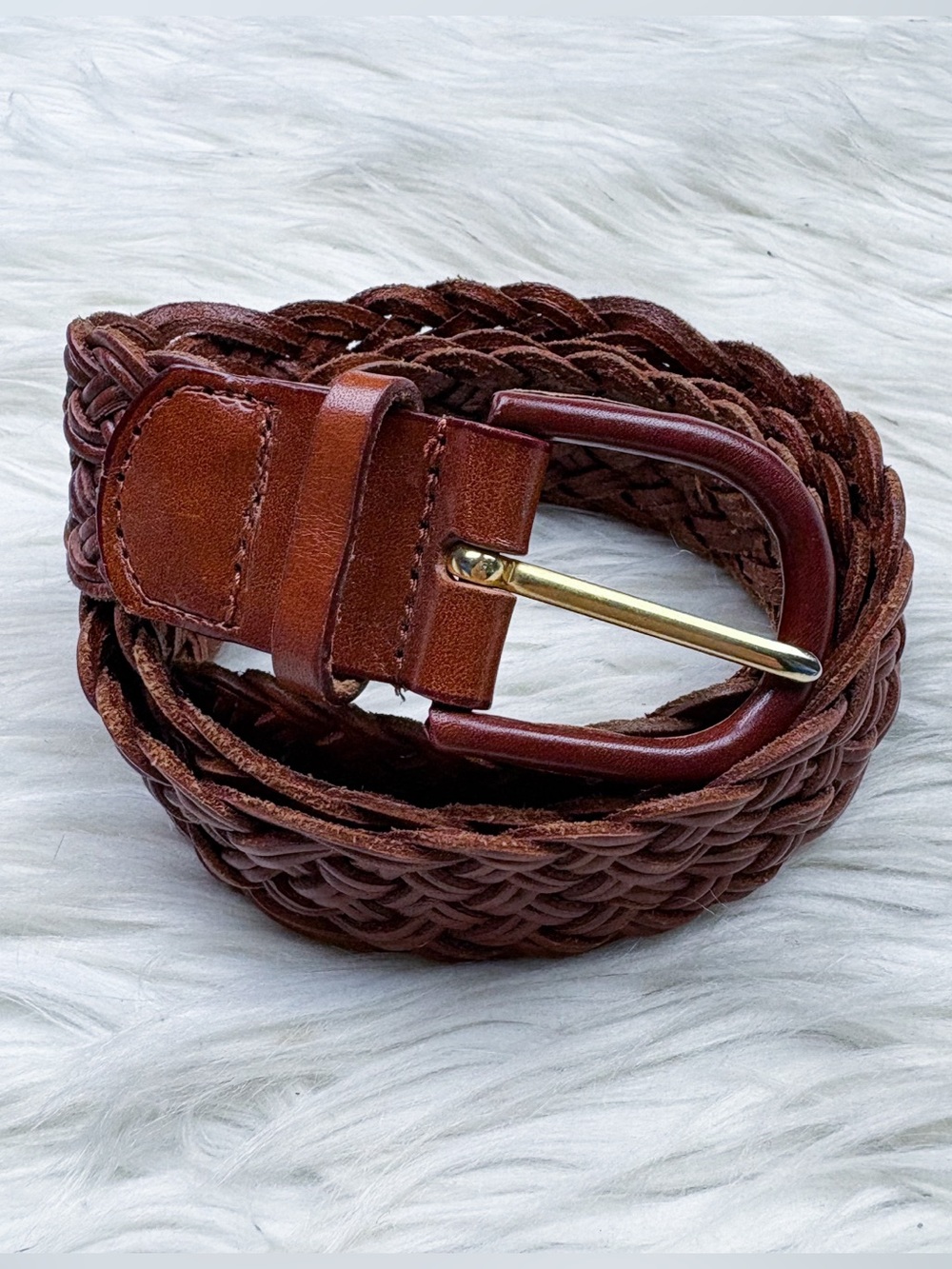 Talbots Vintage Braided Woven Genuine Leather Buckle Belt Tan Brown Preppy